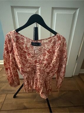 MINKPINK Rose Print Smocked Waist Peasant Blouse